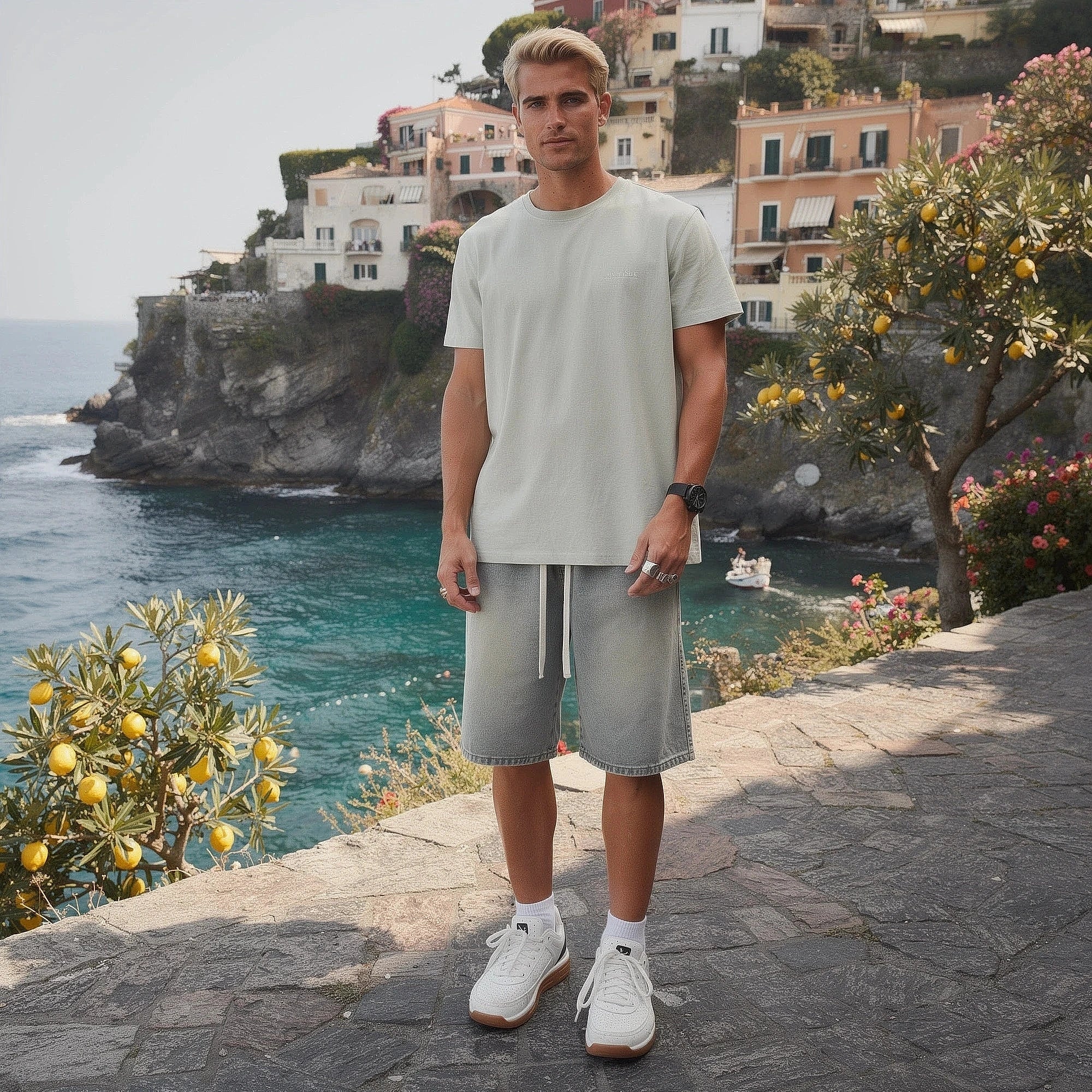 View of relaxed fit denim shorts in light blue, featuring an elastic waistband and classic five pocket design