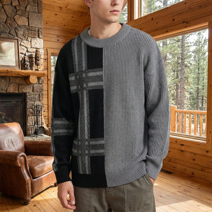 Back view of a model wearing a mens modern color block winter sweater, showing the intricate stitching and colorful palette against a neutral background.