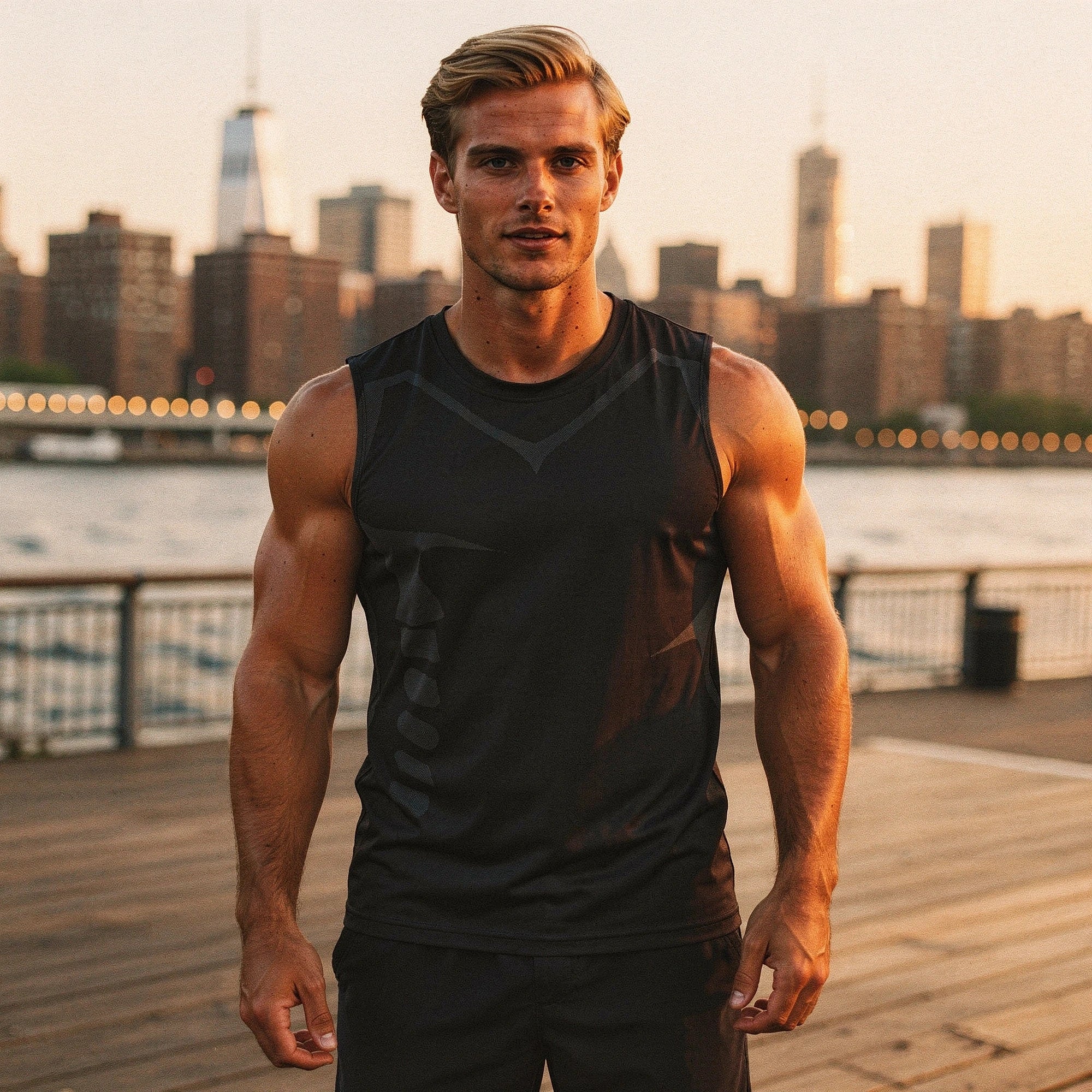 Black athletic tank top featuring a sleek design and quick dry fabric, view showcasing stitching and fit