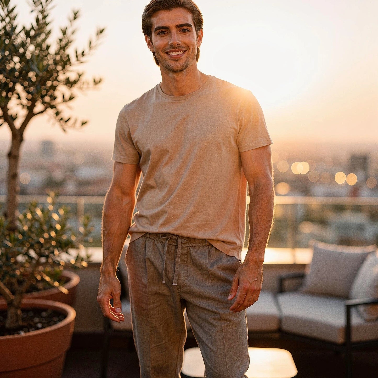 Lightweight summer trousers in light beige, featuring a relaxed fit and pockets, view showcasing fabric texture
