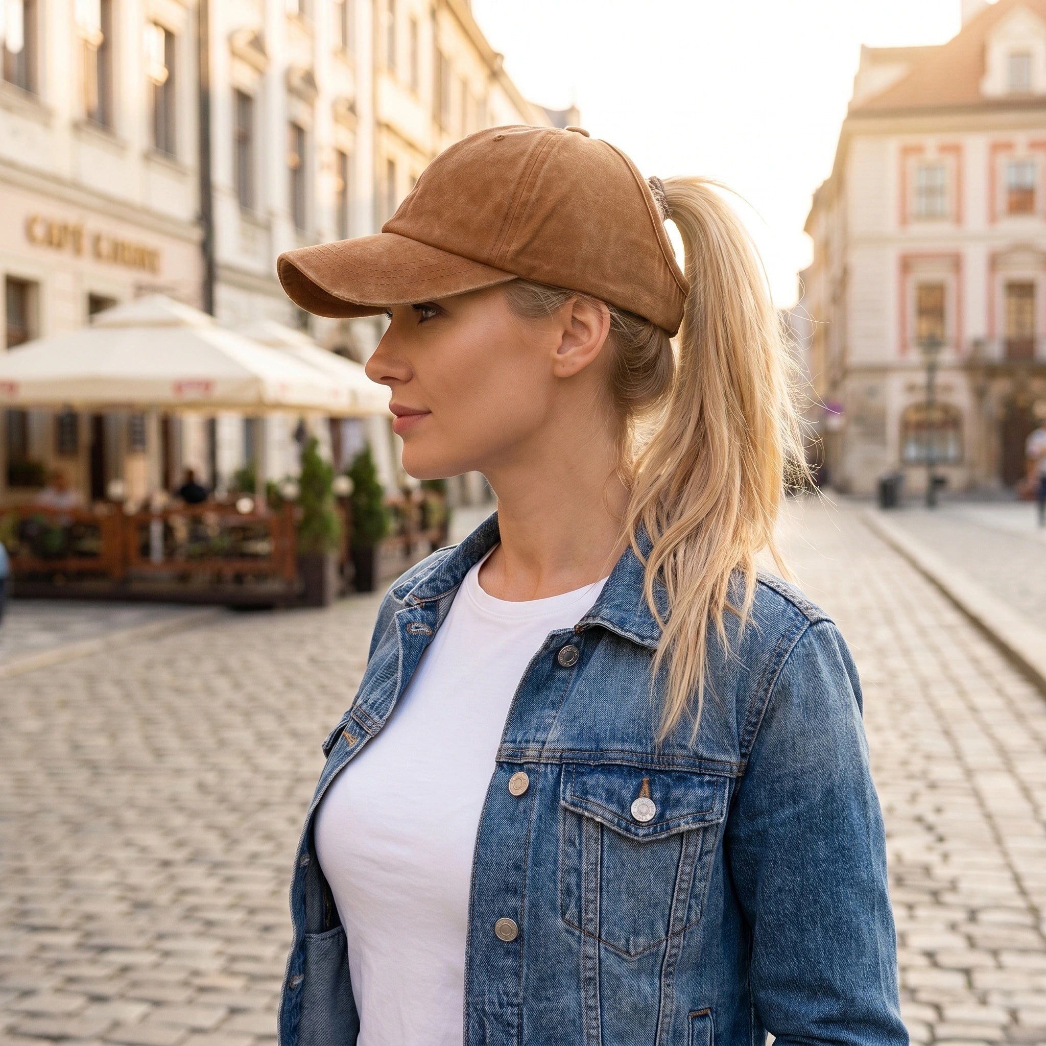 Close up view of the washed cotton baseball cap showing its soft fabric texture and detailed stitching, perfect for outdoor adventures.