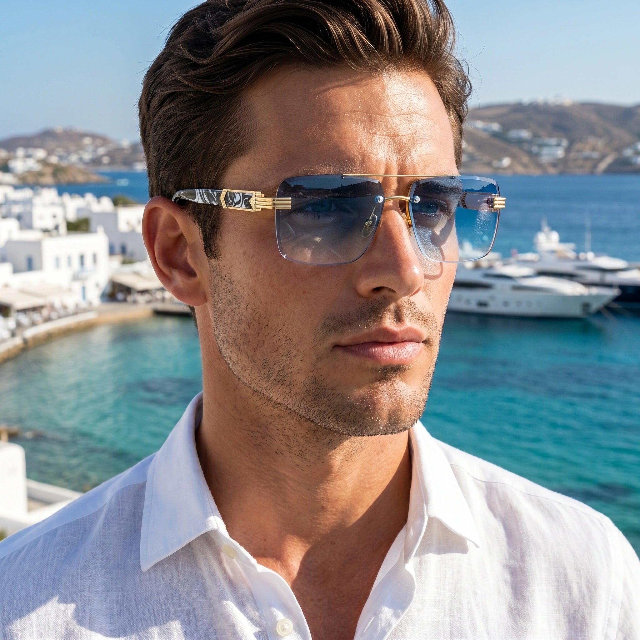 Back view of men's classic retro summer sunglasses showing the sleek design and construction details against a vibrant outdoor backdrop, perfect for summer adventures.