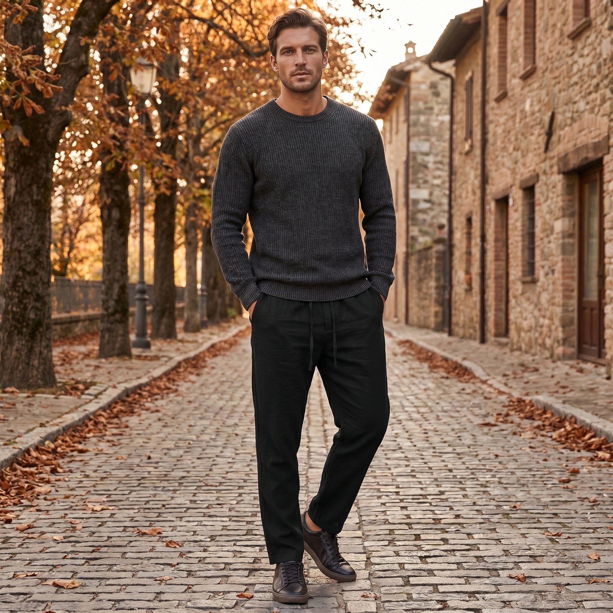 Back view of a model wearing men's breathable solid linen pants in a light beige color, showing the tailored fit and detailed stitching against a neutral background.