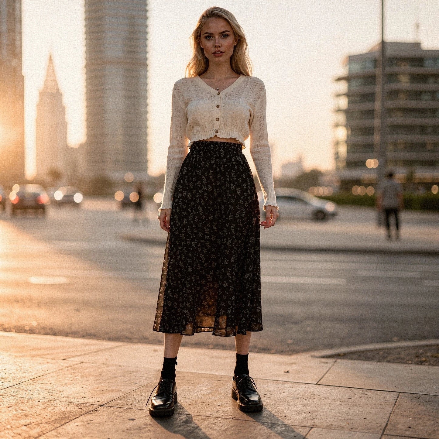 Light pink flowy midi skirt with a romantic floral pattern, featuring a soft fabric and detailed hem, view