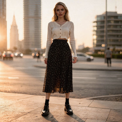 Light pink flowy midi skirt with a romantic floral pattern, featuring a soft fabric and detailed hem, view