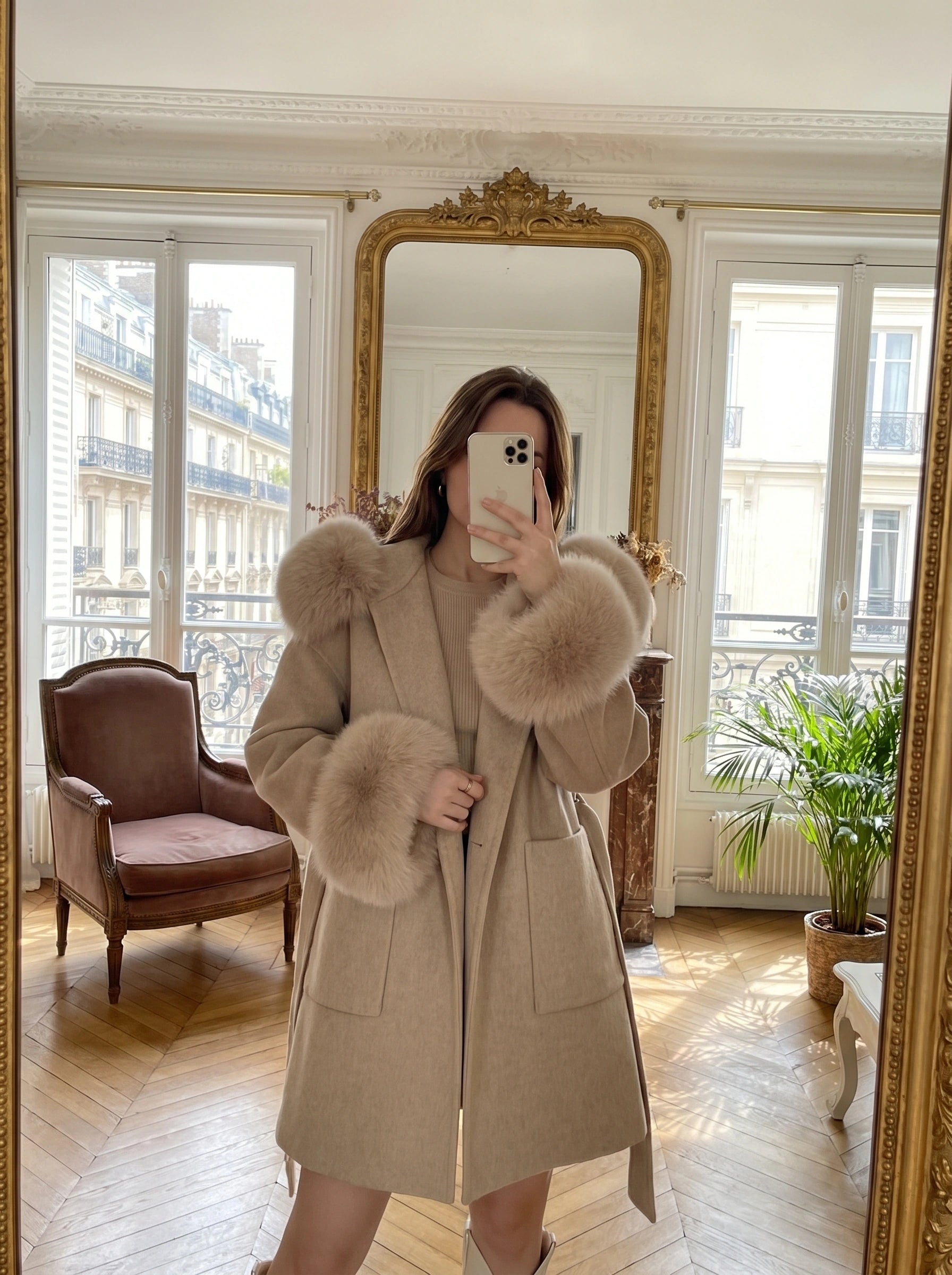 Close up view of the luxurious fabric and precise stitching of the Women's Sophisticated Oversized Winter Coat, showing its design and quality craftsmanship.