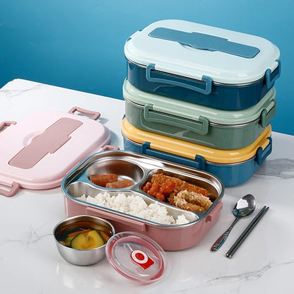 View of a modern stainless steel lunch box with a sleek design, featuring a durable exterior and secure lid