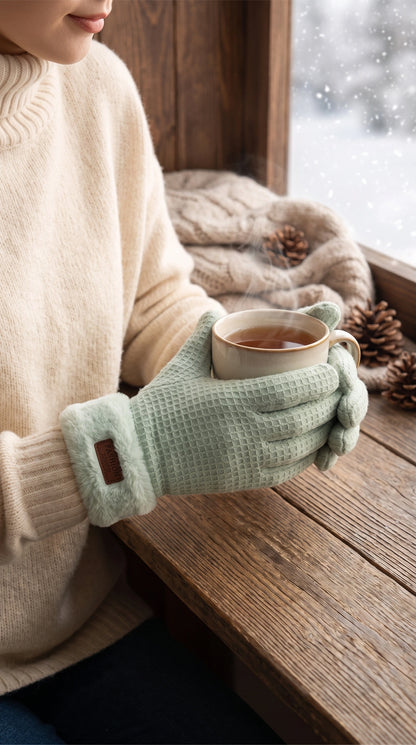 Back view of a model wearing warm winter gloves in a rich burgundy color, showing the detailed stitching and luxurious fabric against a soft neutral backdrop.