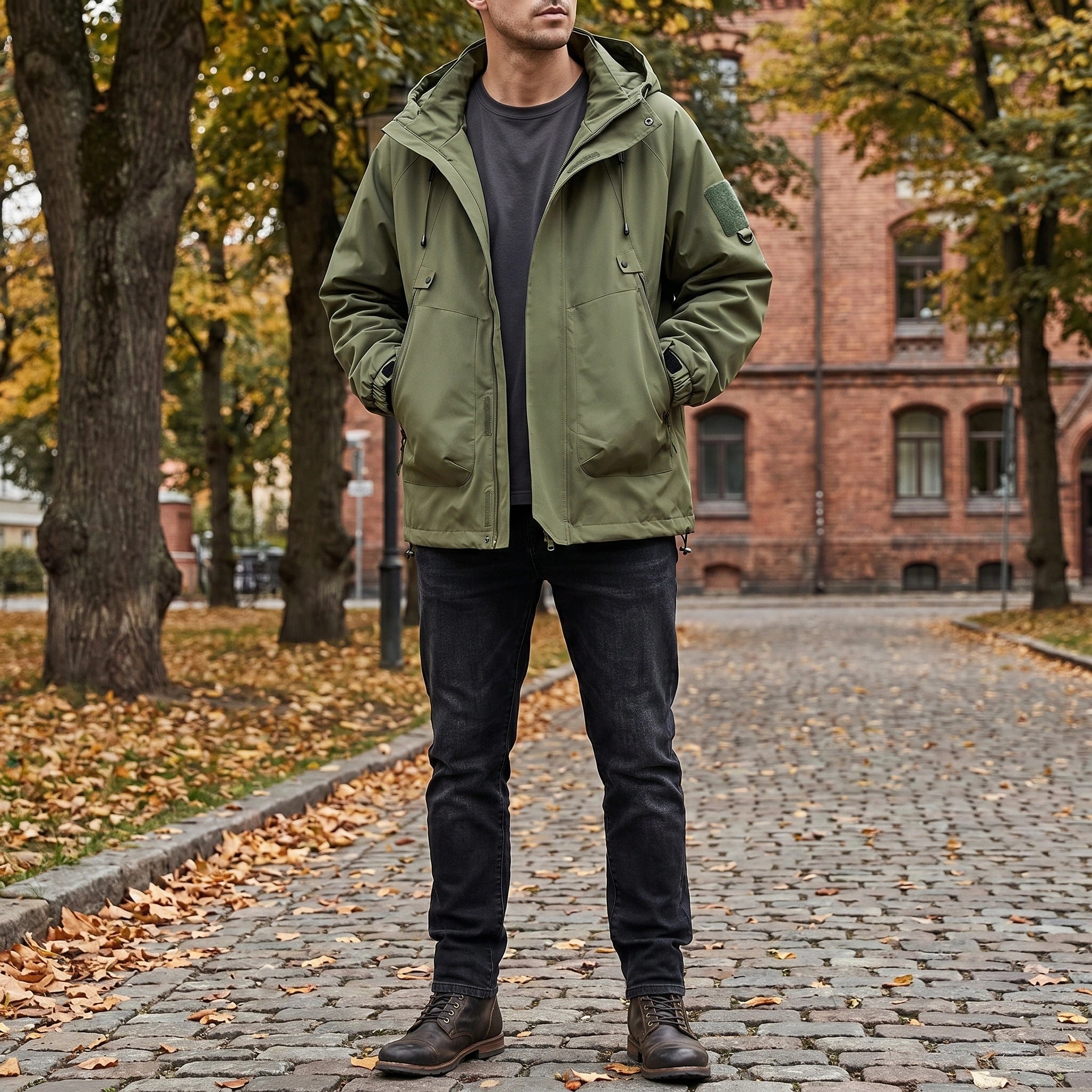Close up view of the Mens Casual Relaxed Autumn Hooded Jacket showing the textured fabric and precise stitching details in a rich autumnal color.