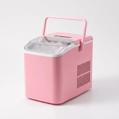 View of a compact ice maker showcasing the ventilation grilles and water reservoir access for easy maintenance
