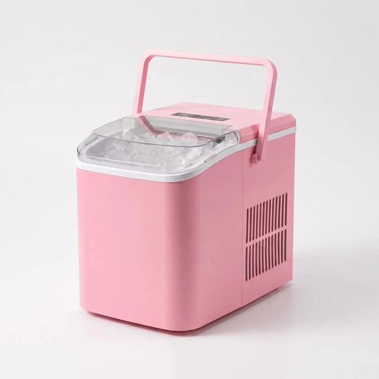 View of a compact ice maker showcasing the ventilation grilles and water reservoir access for easy maintenance