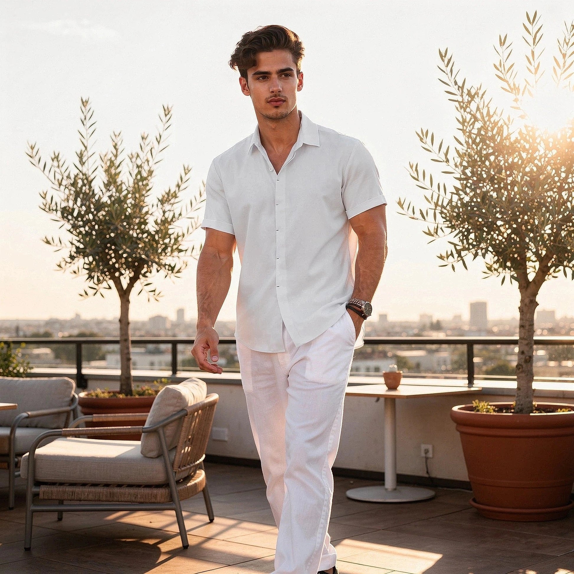 Light blue short sleeve shirt made of breathable cotton, featuring a relaxed fit and button down collar, view