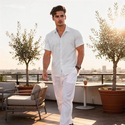 Light blue short sleeve shirt made of breathable cotton, featuring a relaxed fit and button down collar, view
