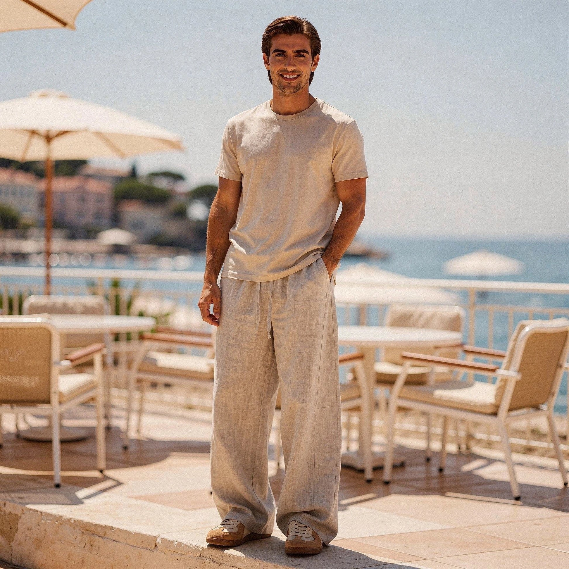 Lightweight summer trousers in light beige, featuring a relaxed fit, pockets, and a comfortable waistband, view