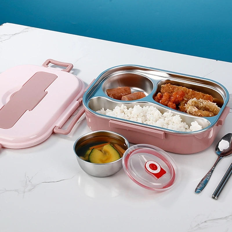 View of a modern stainless steel lunch box featuring a sleek design and insulated compartment for temperature control