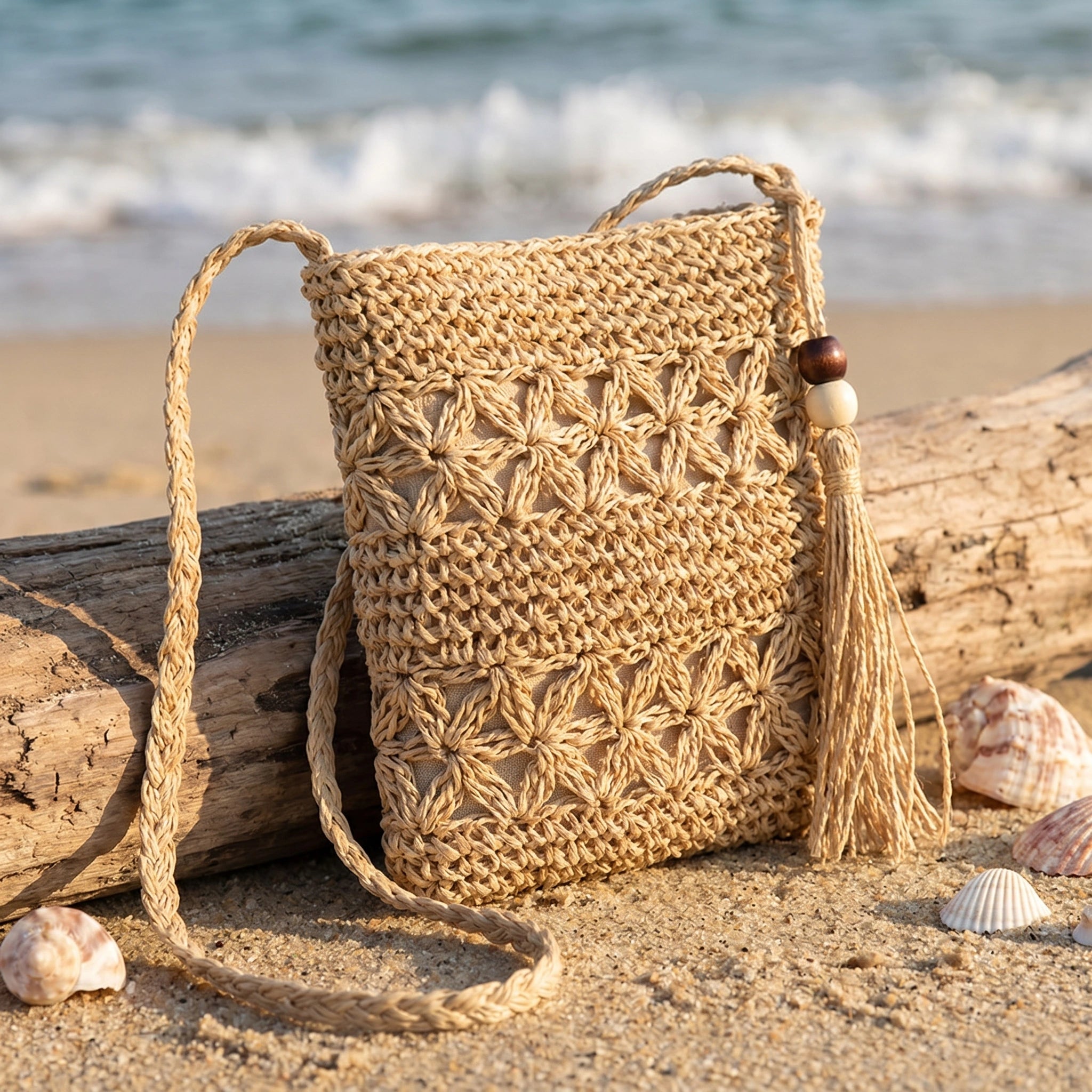 Close up view of the Womens Casual Beach Bag showing its textured fabric, intricate stitching, and design, perfect for sunny outings.
