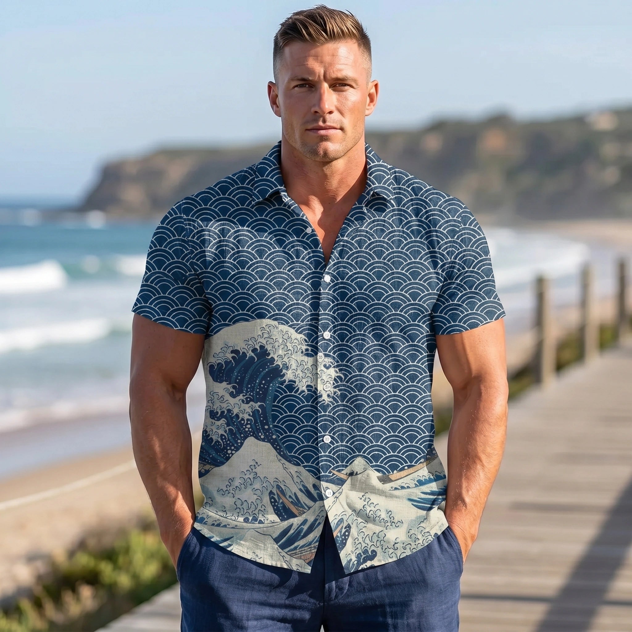 Close up view of the lightweight fabric and intricate stitching on the Mens Relaxed Retro Summer Shirt, showing its casual style and summer ready design.