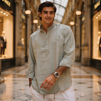View of a lightweight, breathable summer henley shirt in light gray, featuring a three button placket and short sleeves