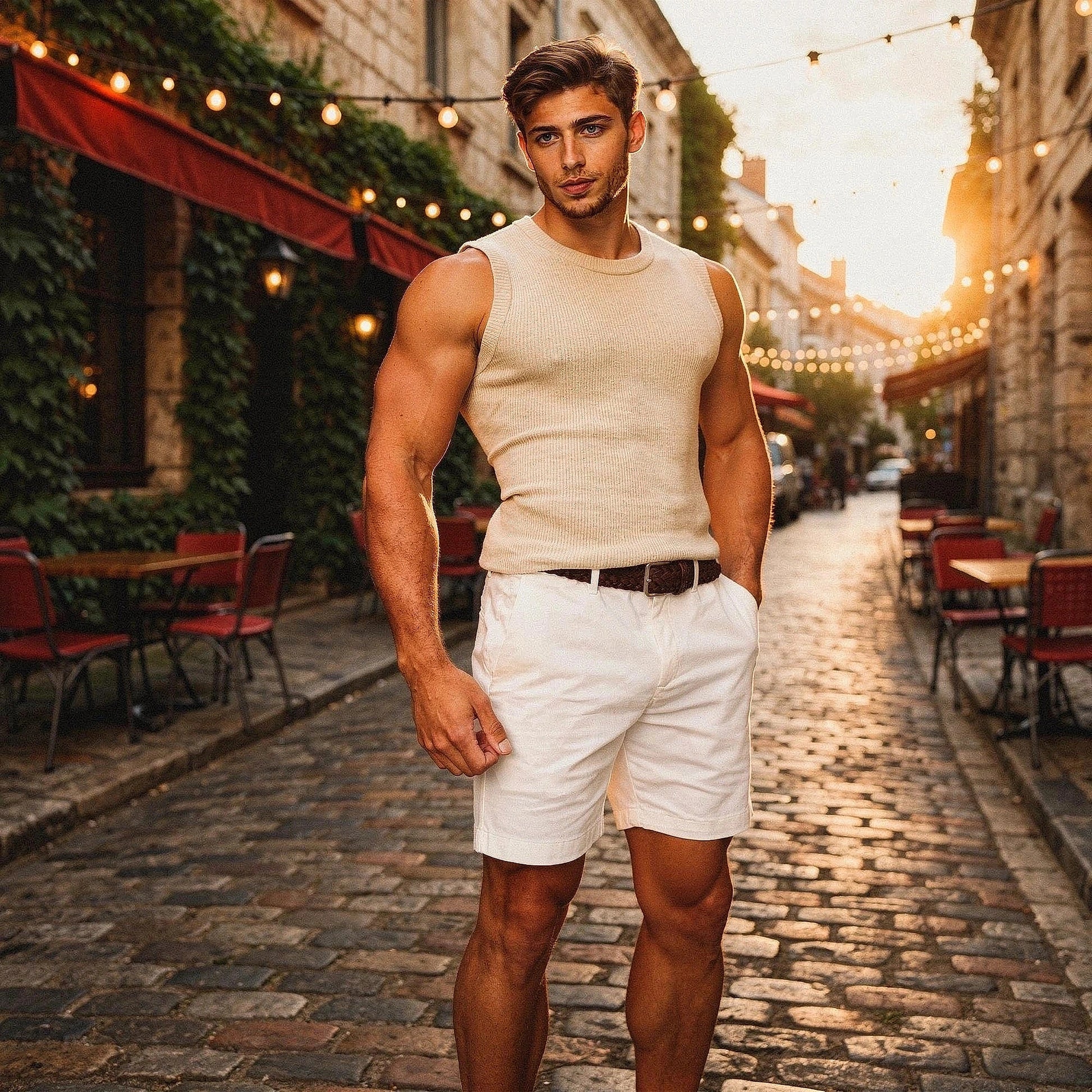 Light beige athletic fit chino shorts with pockets, shown in view, made of breathable cotton blend fabric