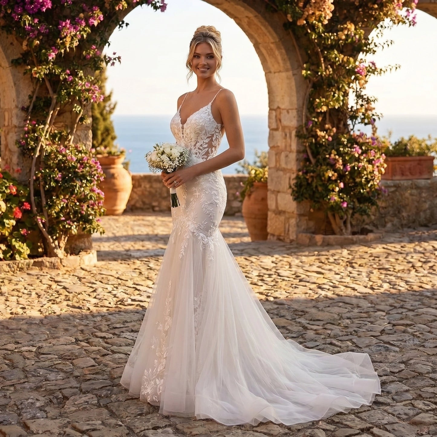 Close up view of the Womens Backless Wedding Dress showing intricate stitching and luxurious fabric texture, showing its sophisticated design and style.