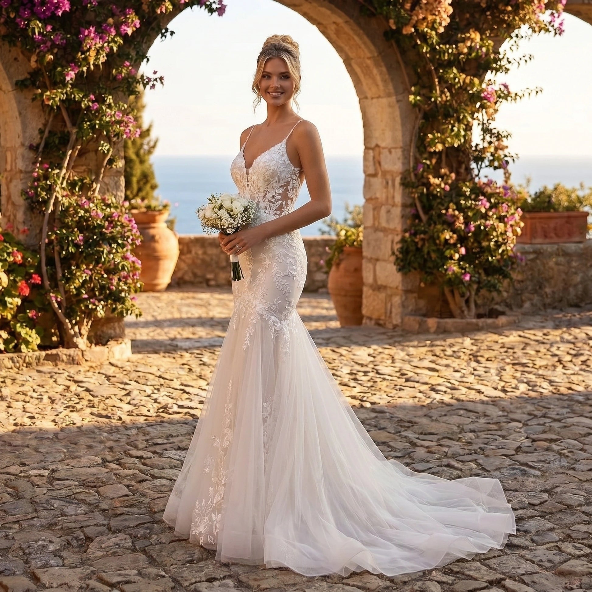 Close up view of the Womens Backless Wedding Dress showing intricate stitching and luxurious fabric texture, showing its sophisticated design and style.