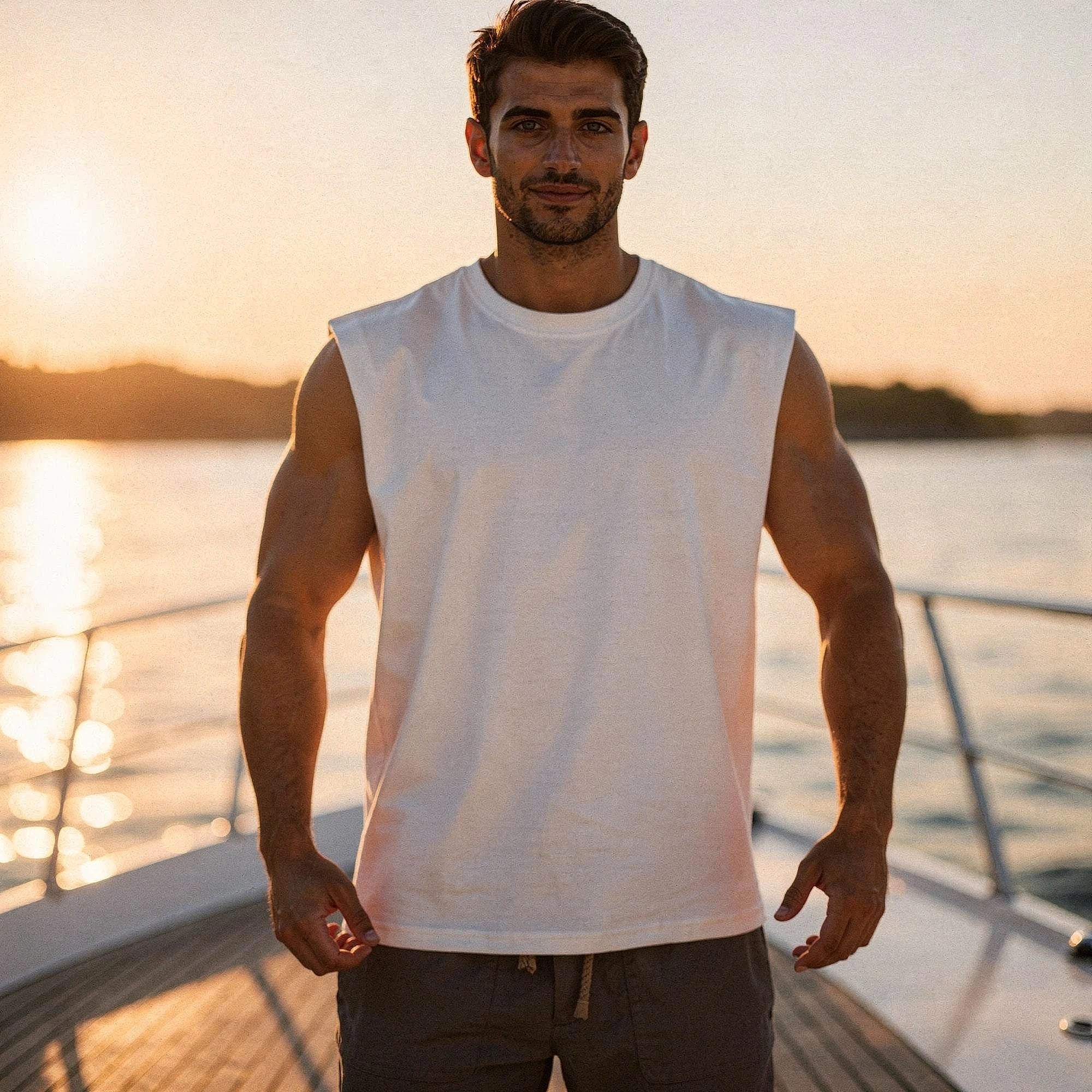 Light gray summer tank top made of soft cotton, featuring a relaxed fit and wide armholes, view