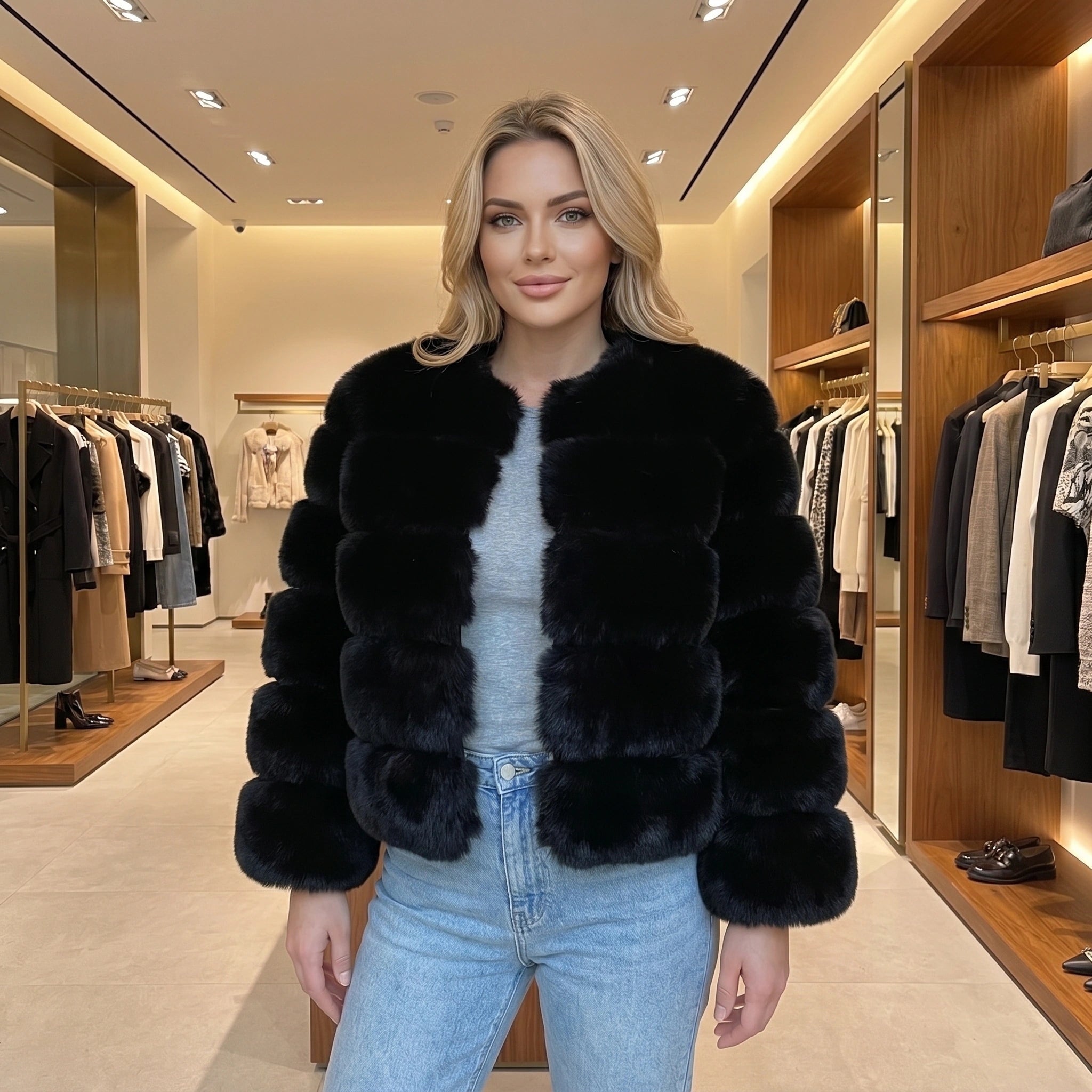 Close up view of the Womens Fluffy Autumn Coat showing its soft fabric texture, meticulous stitching, and design details for a autumn look.