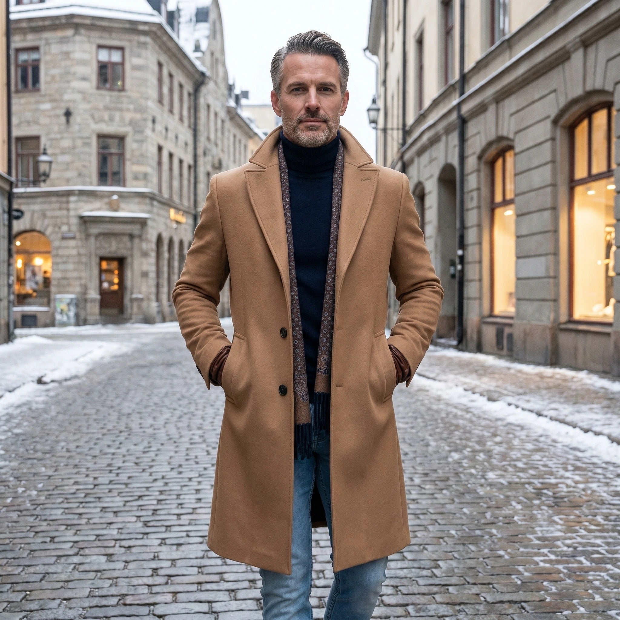 Close up view of the men's sophisticated classic winter overcoat showing the luxurious fabric texture, precise stitching, and design details against a neutral background.