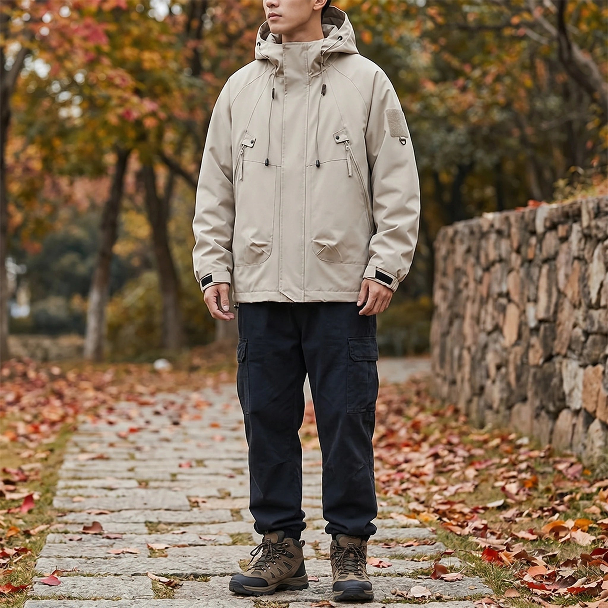 Close up view of the mens casual relaxed autumn hooded jacket showing the soft fabric texture, precise stitching, and design details in a rich earthy tone.