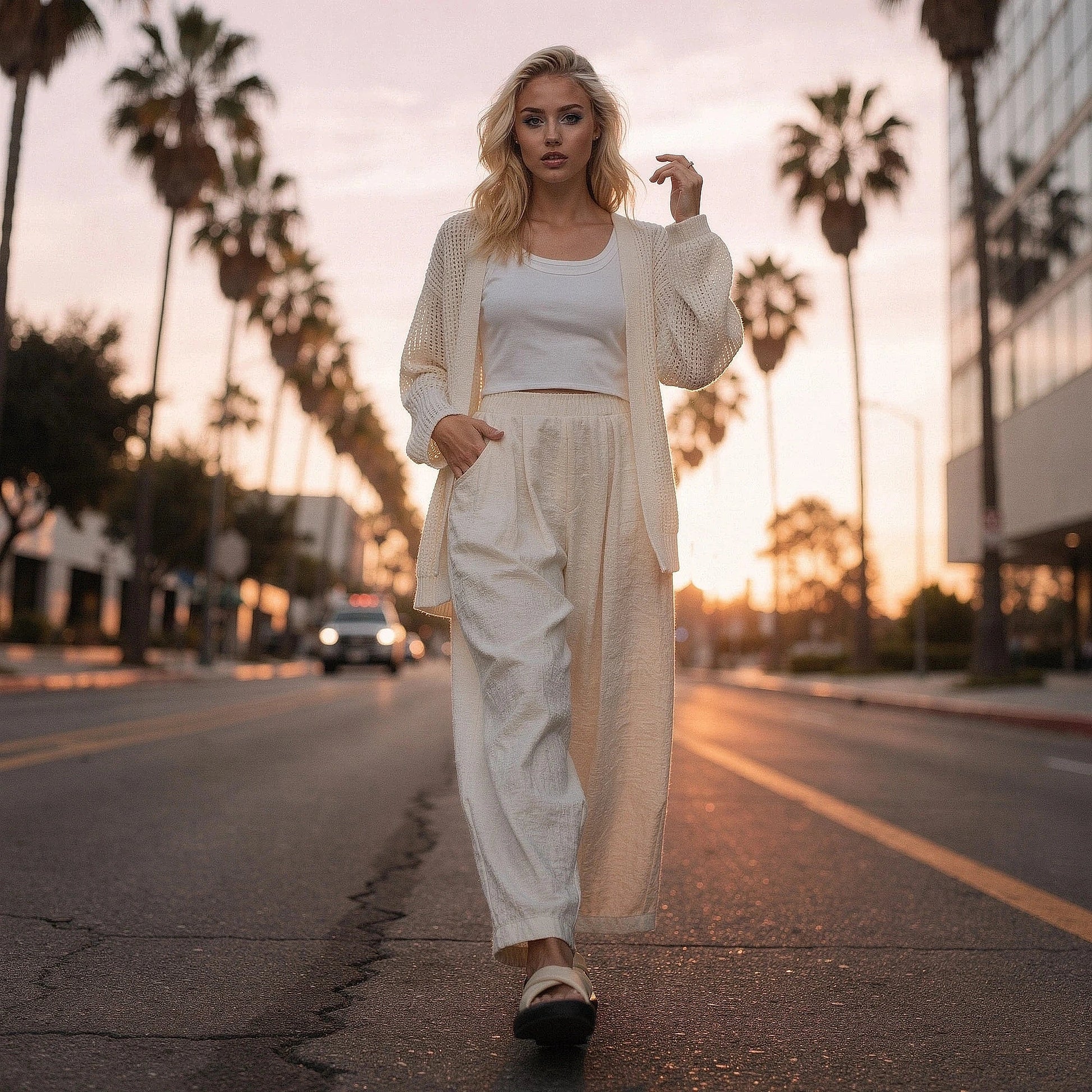View of elegant high waisted wide leg pants in a soft fabric, featuring a flowing silhouette and a neutral color