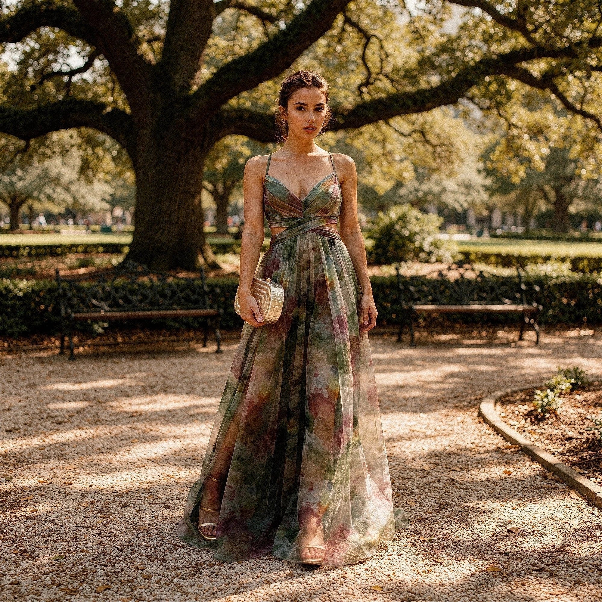 View of a relaxed floral maxi dress featuring adjustable straps, with a vibrant floral pattern on a light background