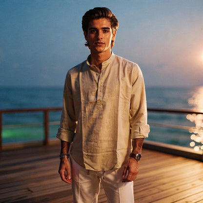 Lightweight summer henley shirt in light blue, featuring a three button placket and short sleeves, view