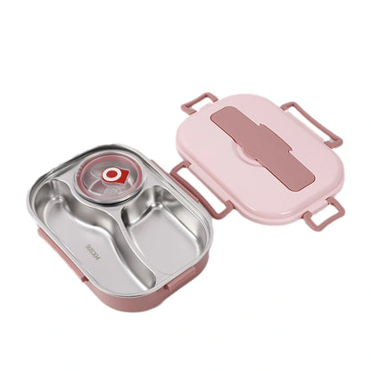 View of a modern stainless steel lunch box with a sleek design, featuring a secure lid and insulated interior