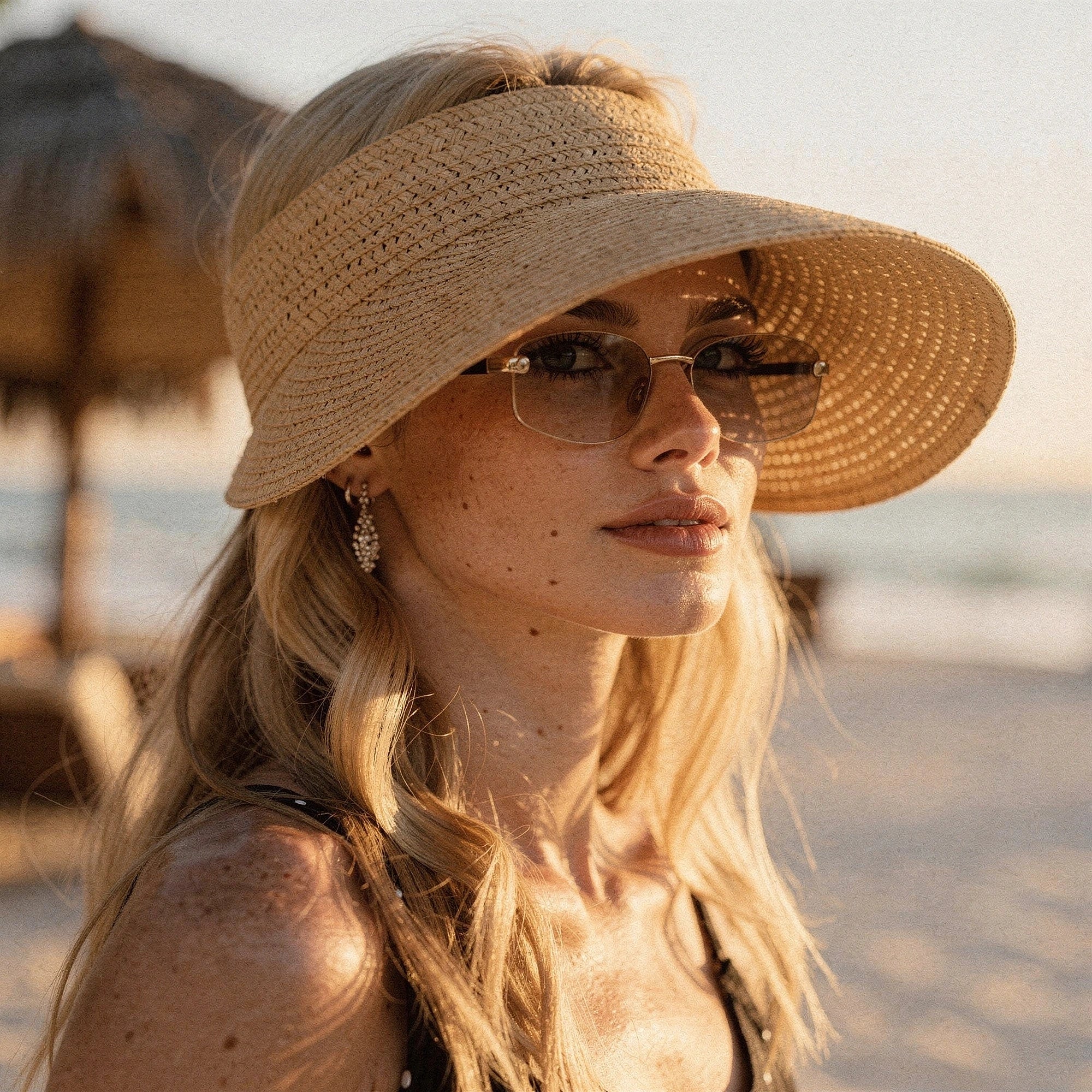 Light beige summer visor hat made of woven straw, featuring a wide brim and a decorative bow on the