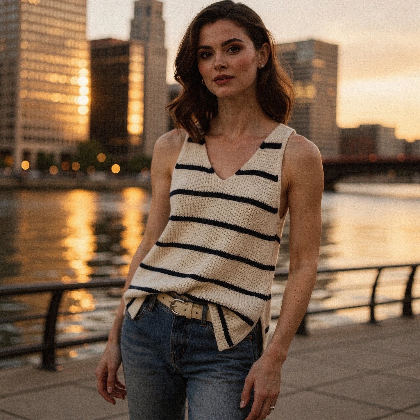 Lightweight cream tank top with a relaxed fit, featuring a nautical striped pattern and wide shoulder straps, view