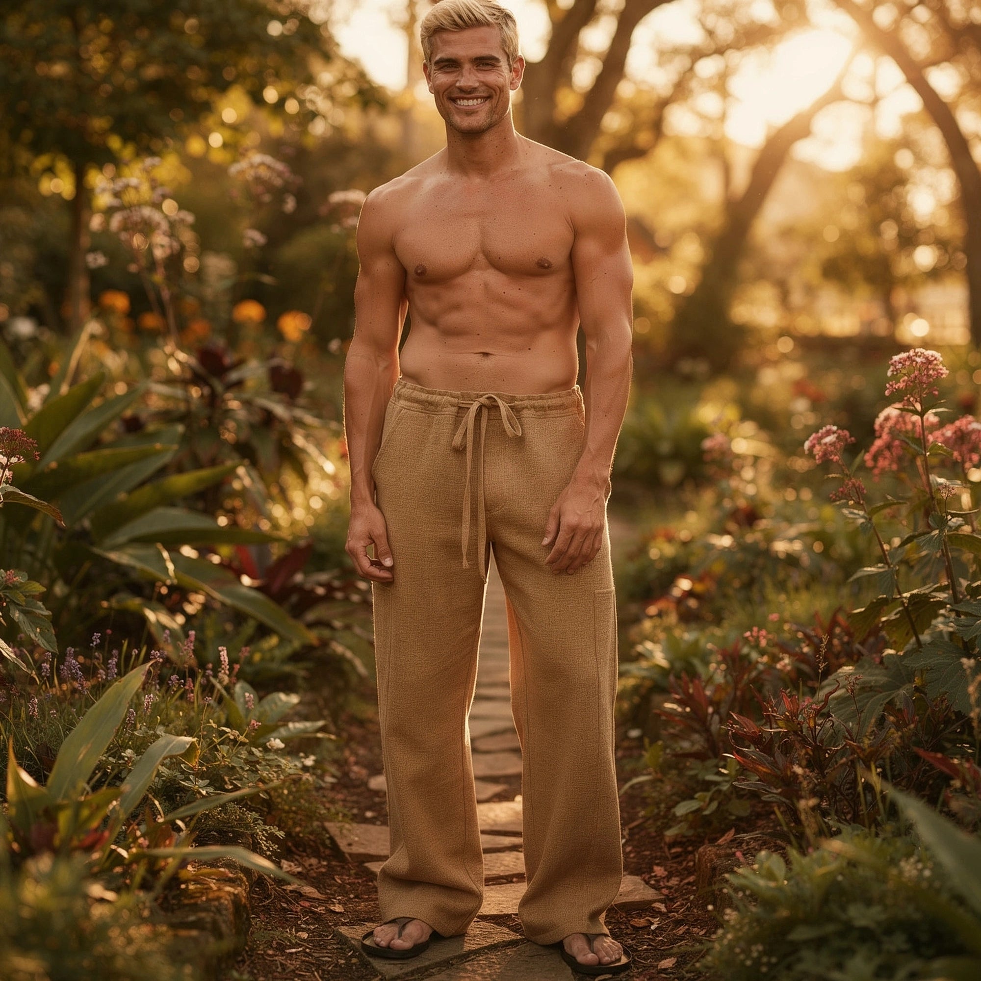 View of wide loose relaxed fit trousers in light beige fabric, featuring a comfortable waistband and pockets