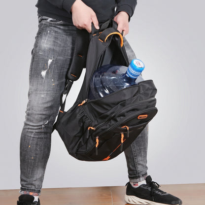 Close up view of the Men's Waterproof School Backpack showing its durable Oxford fabric, precise stitching, and design details against a neutral background.