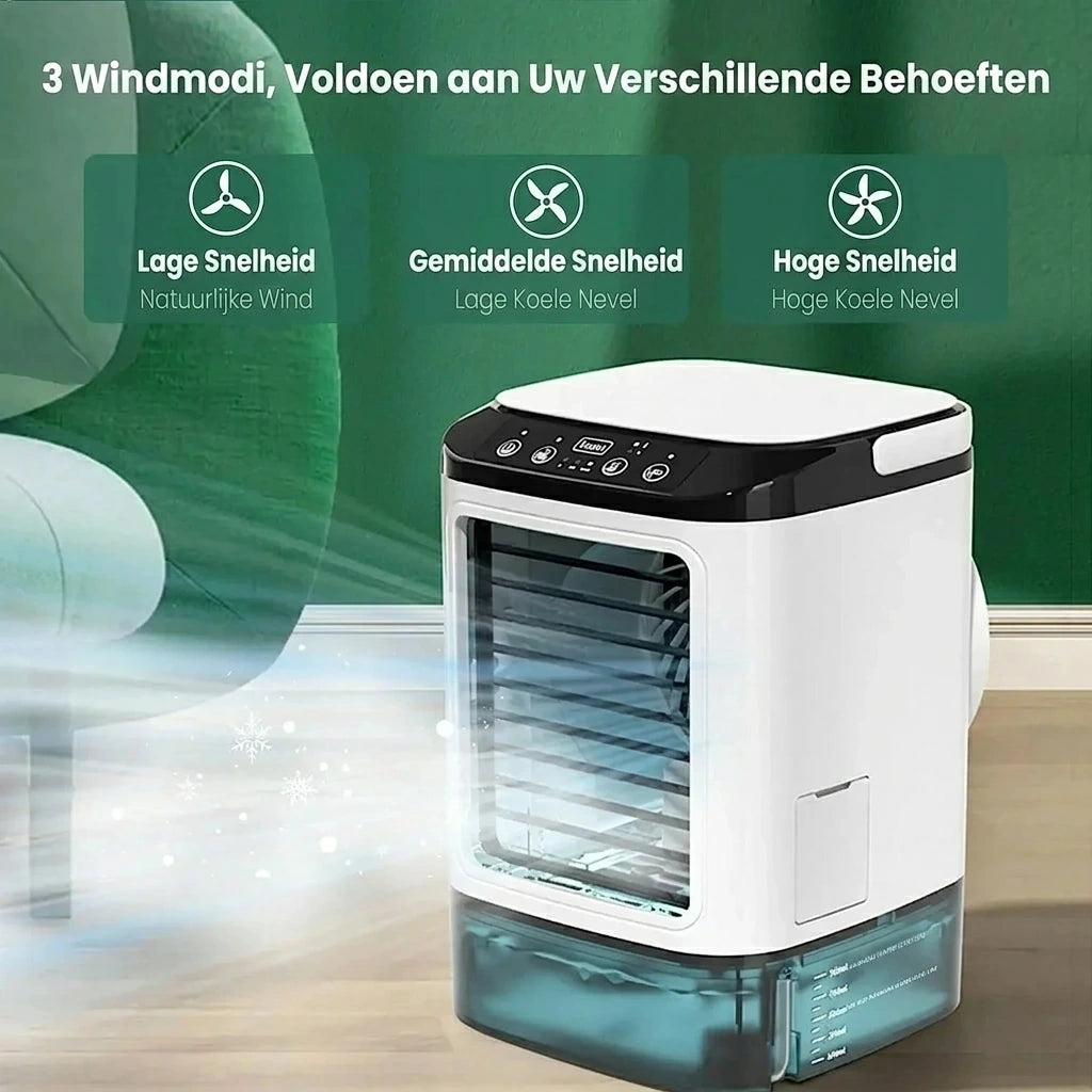 Detailed profile of a sleek air cooler showcasing its compact design and ultrasonic humidifier feature for optimal comfort