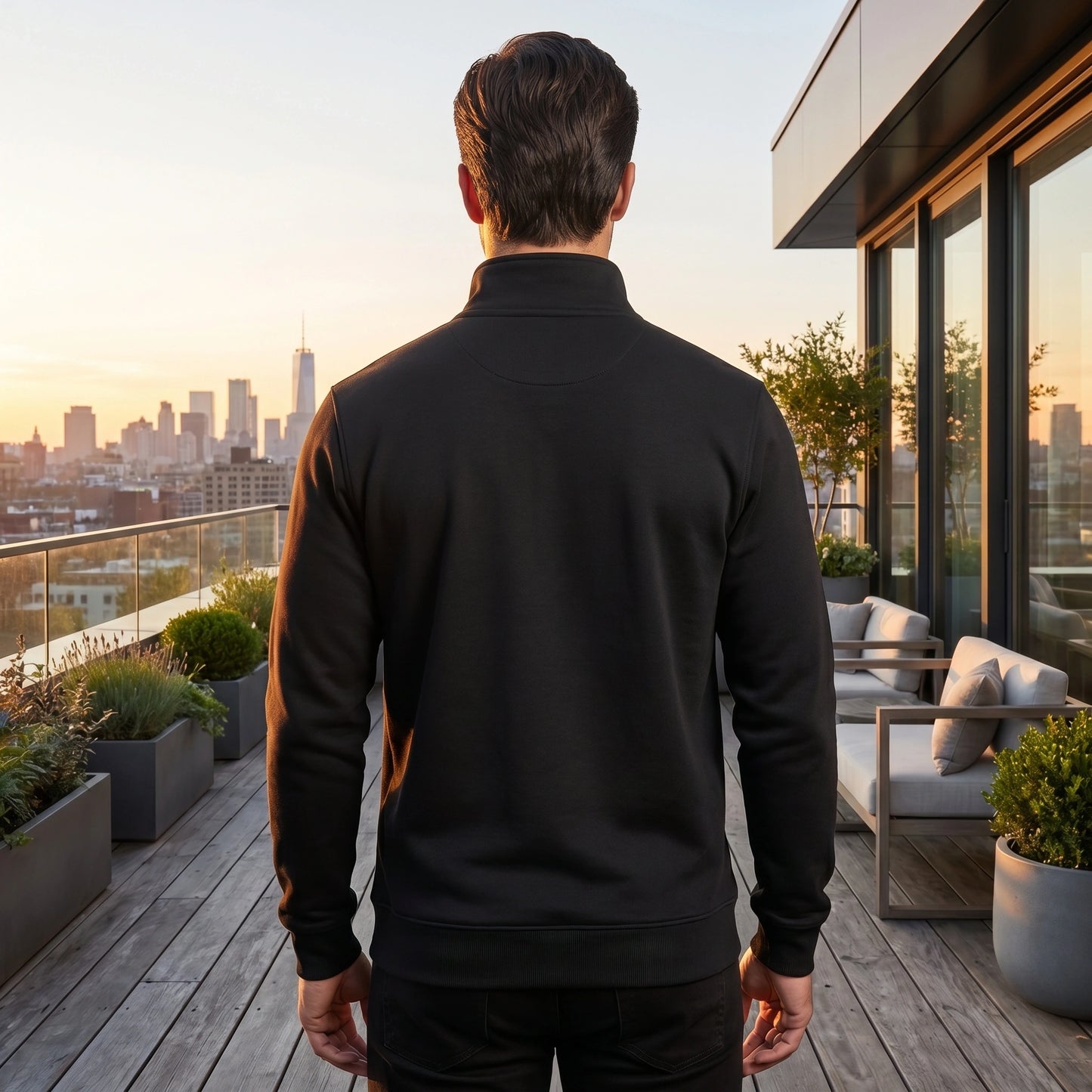 Close up of the men's quarter zip sweater showing the soft fabric texture and precise stitching in a sophisticated neutral color.
