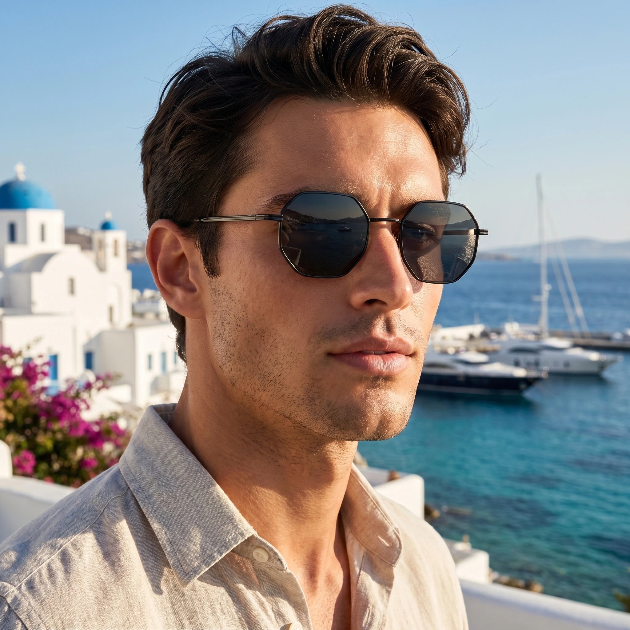 A model showcases the Mens Vintage Summer Sunglasses in a outfit, showing a light colored shirt and neutral shorts against a bright outdoor background.