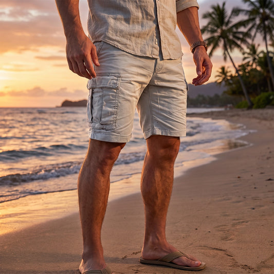 Close up view of the men's structured functional summer cargo shorts showing detailed stitching and breathable fabric in a neutral color against a light background.
