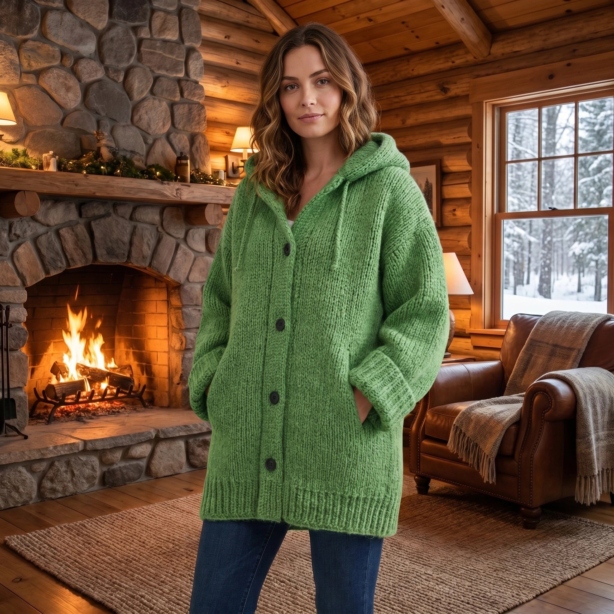 Close up view of the soft fabric and intricate stitching of the women's cozy oversized winter cardigan jacket, showing its quality and design details.
