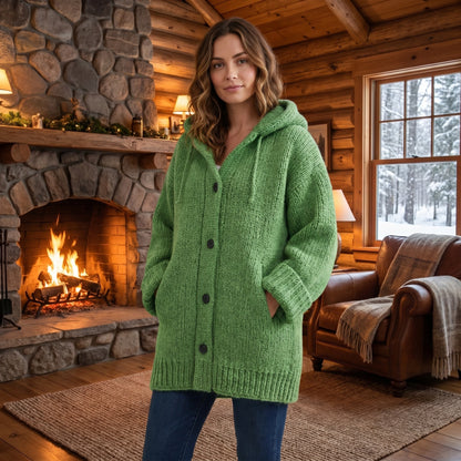 Close up view of the soft fabric and intricate stitching of the women's cozy oversized winter cardigan jacket, showing its quality and design details.