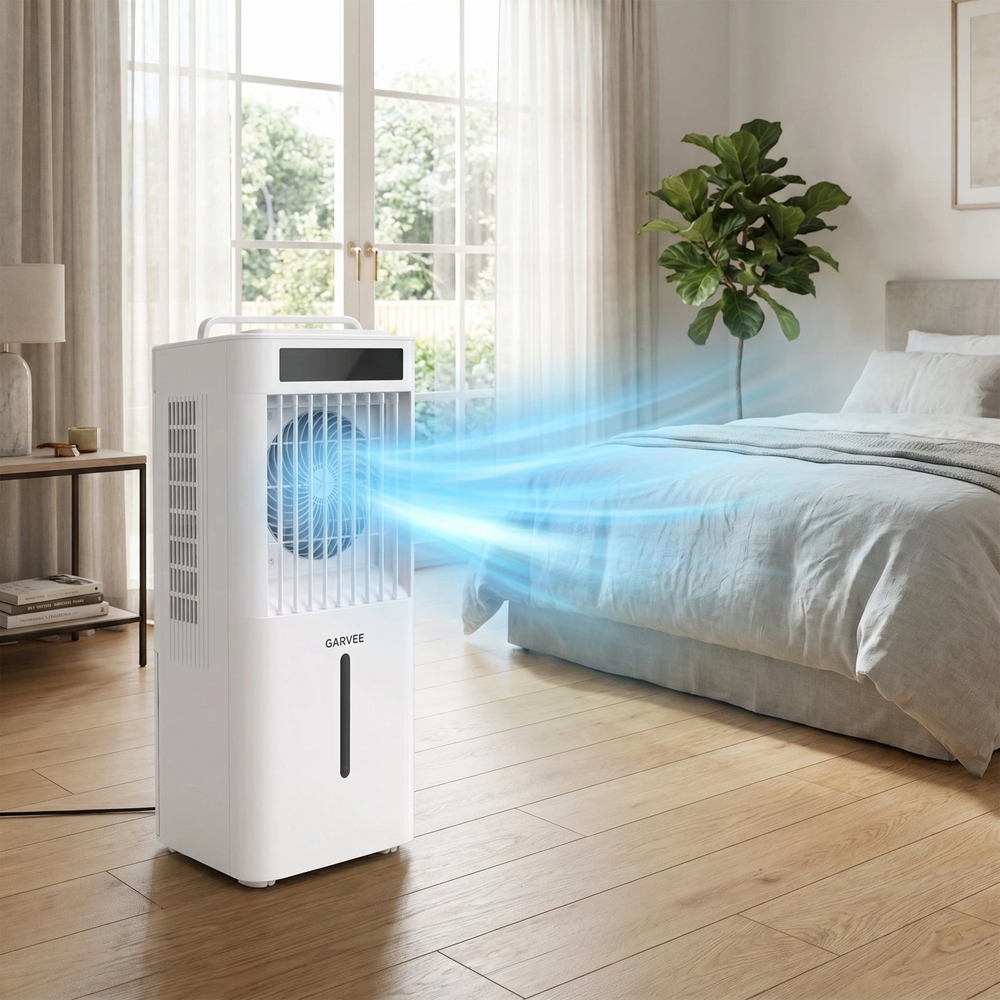 A front view of a versatile adjustable air cooler fan in a modern bedroom setting, showing its sleek design and remote control feature.