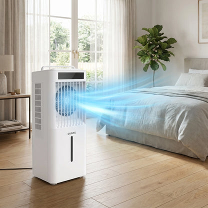 A front view of a versatile adjustable air cooler fan in a modern bedroom setting, showing its sleek design and remote control feature.