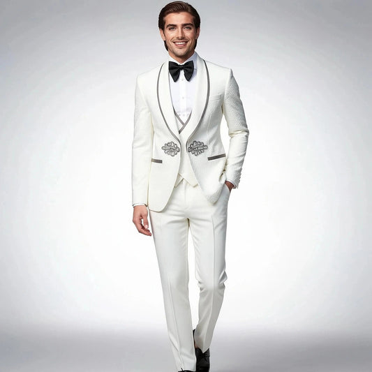 Elegant slim fit tuxedo suit set in black, featuring a single button jacket and matching trousers, view