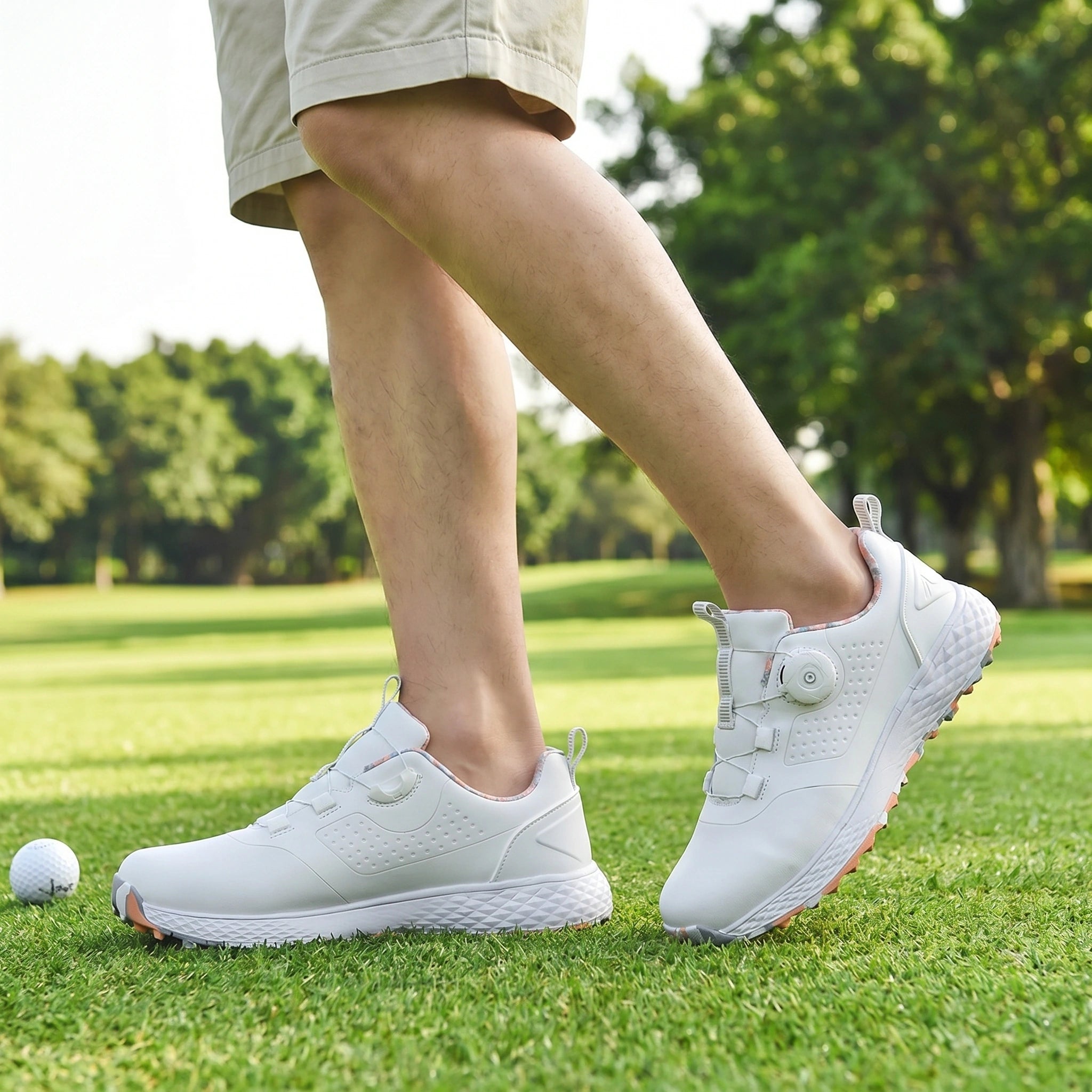 Close up view showing the textured fabric and precise stitching of the waterproof casual golf sneakers in a sleek black finish.
