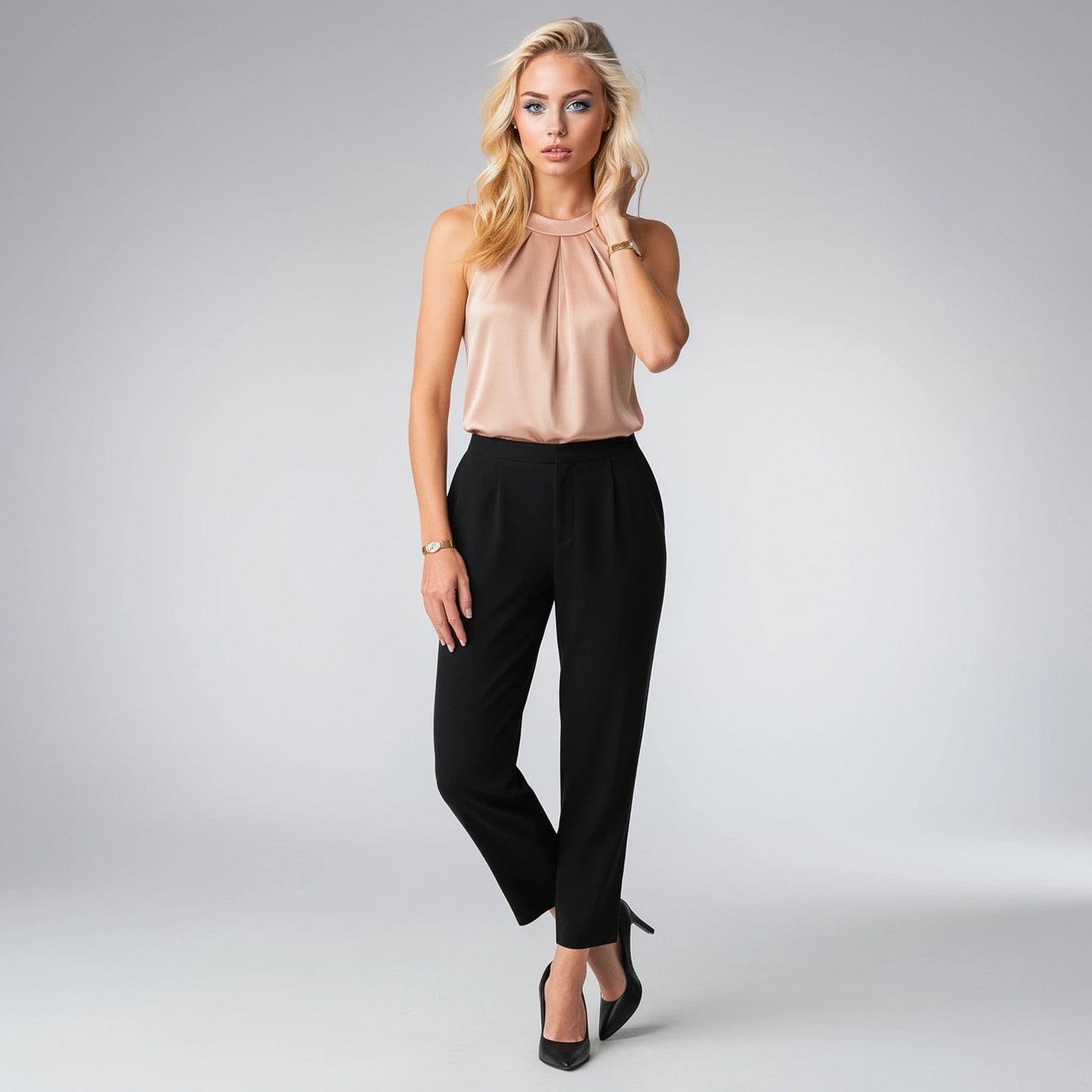 View of a soft satin tank top in elegant beige, featuring pleated draping for a sophisticated look