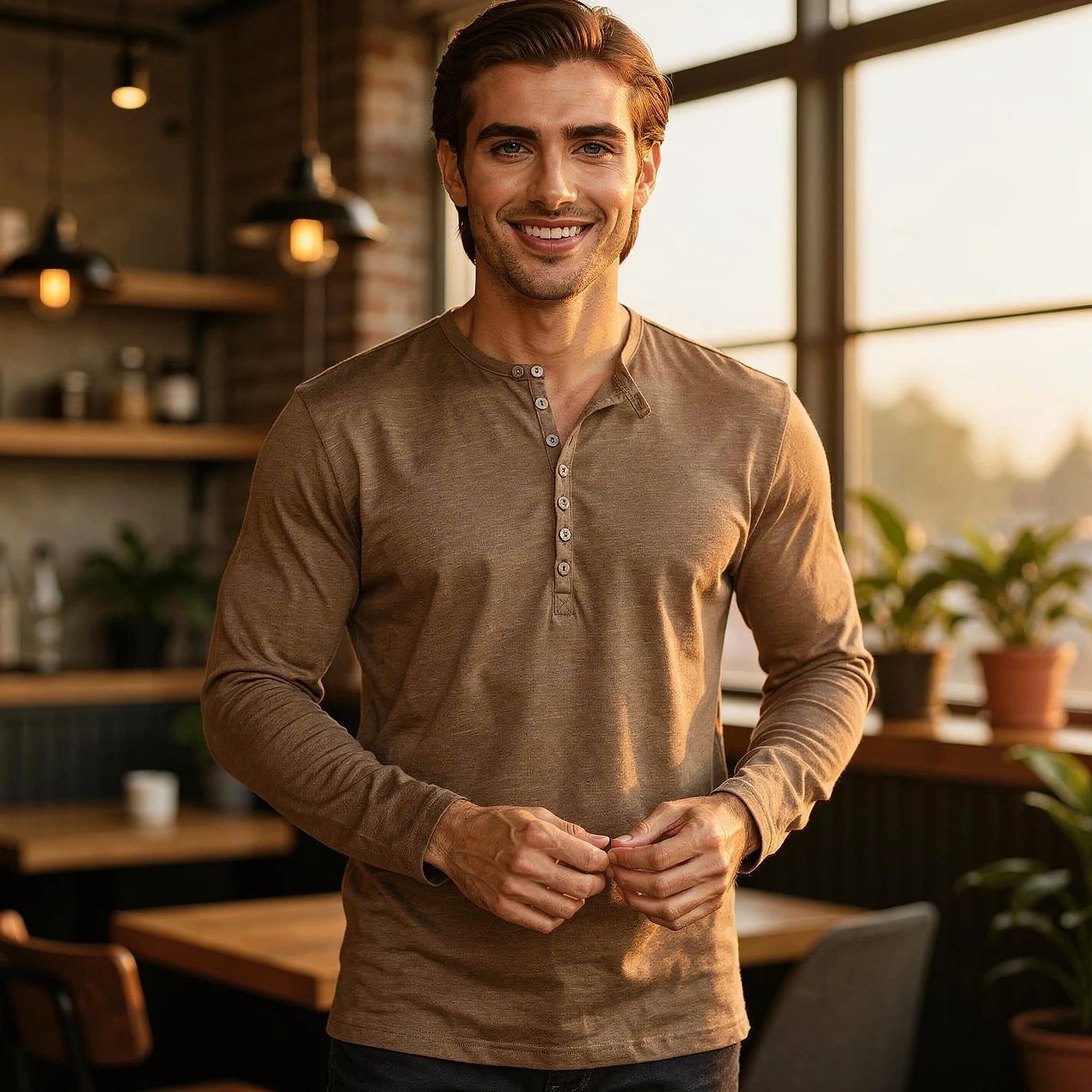 View of a light gray long sleeve henley shirt featuring a button placket and soft cotton material