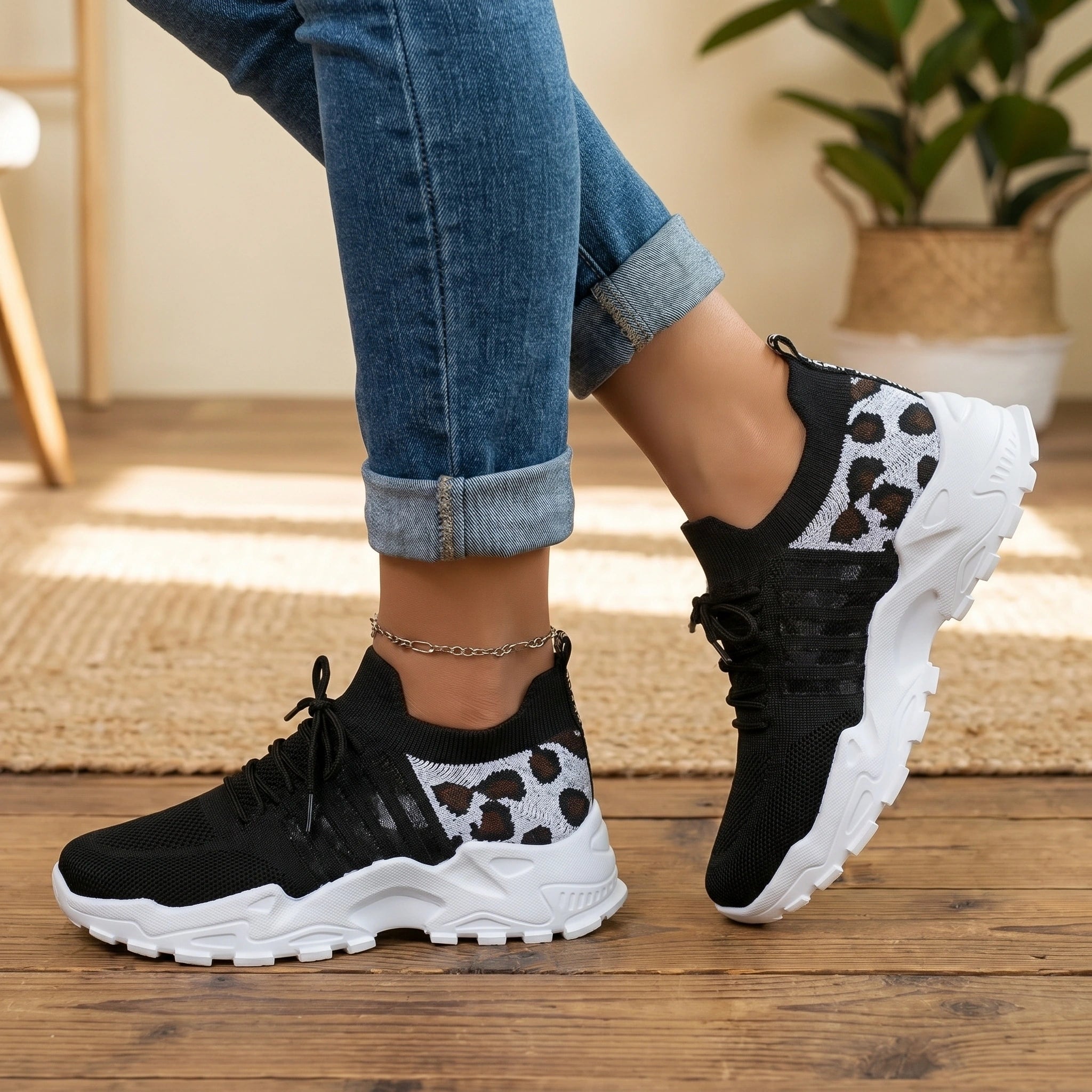 A model showcases the Womens Effortless Supportive Orthopedic Sneakers in a outfit, showing a casual top and high waisted jeans against a neutral background.